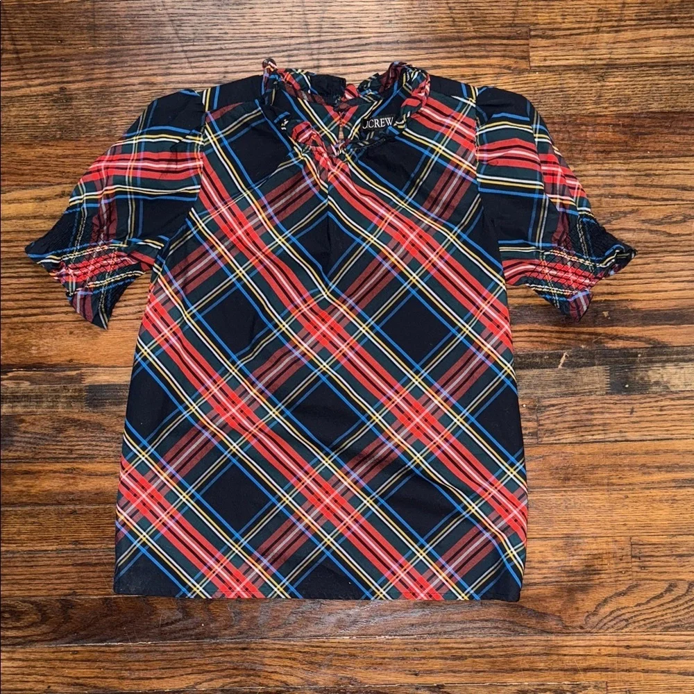 J.Crew Plaid Tartan Puff Sleeve Blouse Top XXS Cotton Holiday Preppy